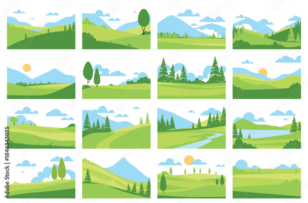 Fototapeta premium Abstract green fields. Simple summer time landscapes, hills, rivers and trees, agriculture background templates, nature scenery meadow and mountain qualitative vector flat isolated set