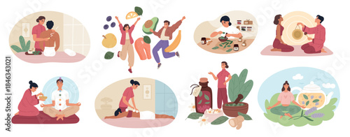 Alternative medicine. People practice non standard methods of treatment, homeopathy, raw food diet, green pharmacy, yoga, healthcare and wellness, cartoon flat isolated garish vector set
