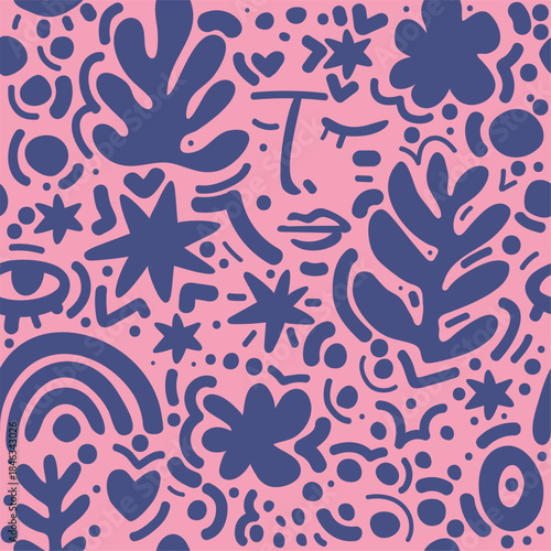 Abstract shapes seamless pattern. Contemporary hand drawn figures silhouette elements, random spots, woman face. Textile, wrapping paper, wallpaper. Print for fabric garish vector background