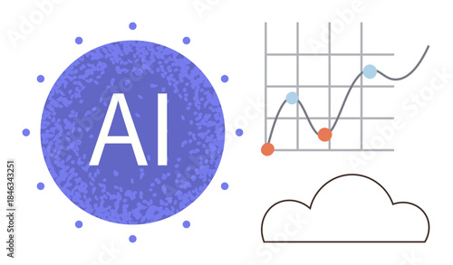AI label in circular pattern, upward trending graph, and cloud design. Ideal for analytics, machine learning, predictive modeling, innovation, connectivity technology automation. Simple flat