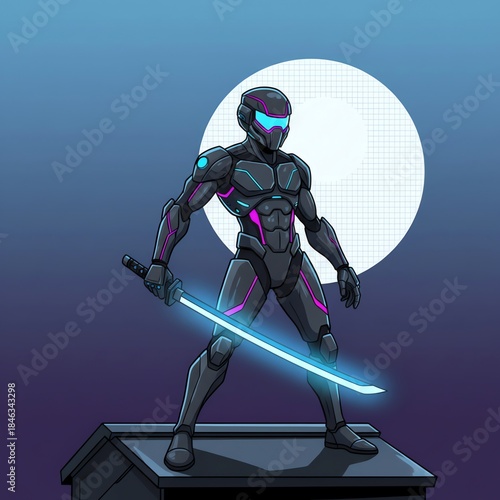 Cyberpunk ninja in armor with glowing katana stands on a roof