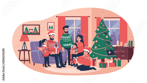 Illustration of a family celebrating Happy New Year 2026 and Christmas Day together in a cozy living room with a Christmas tree and presents.