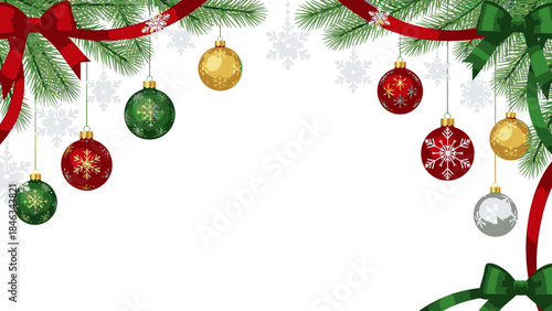 A Christmas tree branch decorated with colorful ornaments and ribbons on a white background, celebrating Happy New Year 2026 and Christmas Day with festive cheer.