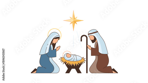Kneeling Christian figures of Mary, Joseph, and baby Jesus in a manger under a star on Christmas Day, Happy New Year 2026.