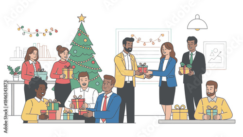 A diverse group of eight office colleagues exchanging gifts around a Christmas tree in a modern office on Christmas Day with a joyful atmosphere.
