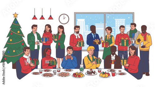 Diverse group of colleagues celebrating Happy New Year 2026 and Christmas Day with a festive meal and decorations in a modern office.