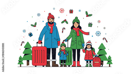 A cheerful family of four, dressed in winter attire, stands together with luggage, surrounded by festive Christmas decorations and trees, wishing a Happy New Year 2026 on Christmas Day.