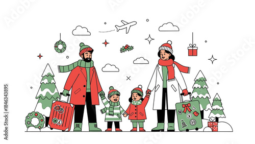 Illustration of a family of four in winter attire with luggage and gifts, surrounded by Christmas trees and decorations, celebrating Happy New Year 2026 on Christmas Day with a festive