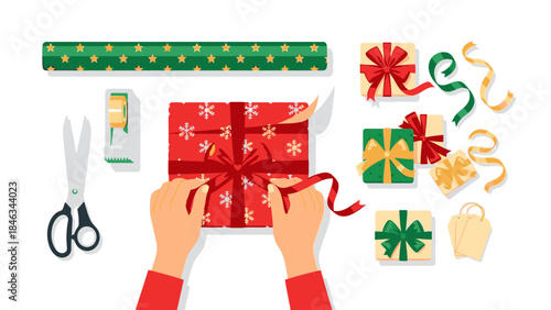 Flat lay of hands wrapping a red gift box with festive ribbons and bows on Christmas Day for Happy New Year 2026 celebrations.
