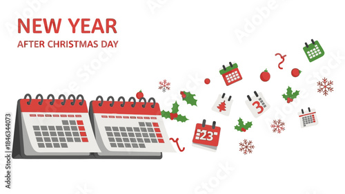 Illustration of a calendar flipping from Christmas Day to the New Year 2026 with festive icons and decorations floating out, on a white background.