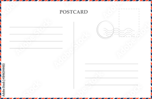 Postcard air mail template with striped border, with stamp, Vintage empty letter, envelope. Retro postage card. Blank template