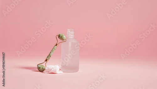 Minimal Skincare Serum and Jade Roller on Pink Background