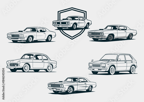 Collection of classic American muscle cars and vintage vehicles in detailed line art illustration style.