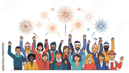 Diverse group of people celebrating with raised arms and fireworks on Christmas Day, ushering in Happy New Year 2026 with joy.