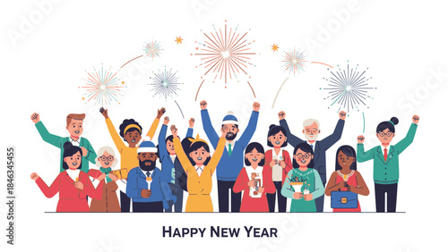 Diverse group of people celebrating Happy New Year 2026 with fireworks on Christmas Day against a white background.