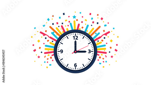 A clock with a white face and black frame shows a specific time surrounded by colorful lines and dots on a white background, celebrating Happy New Year 2026 on Christmas Day.