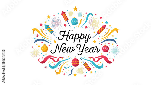 A colorful graphic design celebrating Happy New Year 2026 with festive decorations on a white background, conveying a joyful mood for Christmas Day.