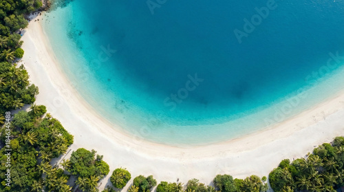 Fototapeta Naklejka Na Ścianę i Meble -  Tropical White Sand Beach with Row of Coconut Palm Trees and Calm Turquoise Sea