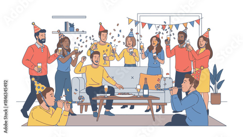 A group of diverse people wearing party hats celebrate Happy New Year 2026 with festive decorations and confetti in a cozy living room on Christmas Day.