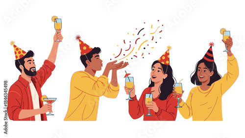 Illustration of four friends celebrating Happy New Year 2026 with champagne and party hats on Christmas Day, conveying a joyful mood with colorful confetti against a clean white background.