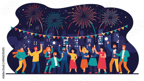 Illustration of a diverse group of people celebrating Happy New Year 2026 with fireworks and colorful decorations on Christmas Day night.
