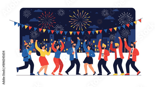 Illustration of a diverse group of people dancing and celebrating on Christmas Day with a festive background of fireworks and bunting, conveying a joyful and energetic mood.