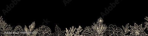 Elegant minimalist botanical illustration with gold line winter plants and flowers on a deep black background, modern and sophisticated.