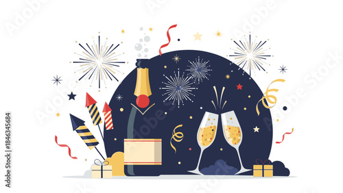 Illustration of champagne glasses, gifts, and fireworks on a dark blue background with a joyful and celebratory mood for Happy New Year 2026 and Christmas Day.