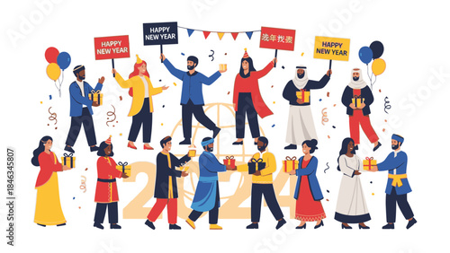 Diverse group of people celebrating Happy New Year 2026 with festive decorations and signs on Christmas Day in a colorful and lively scene.