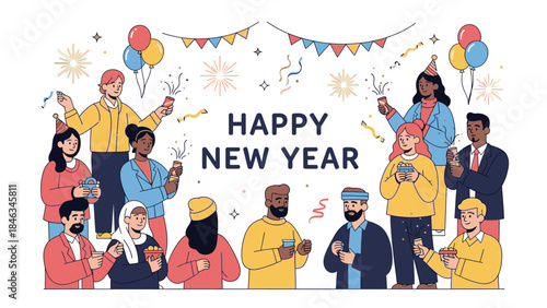 Diverse group of people celebrating Happy New Year 2026 with colorful balloons and decorations on Christmas Day against a white background.