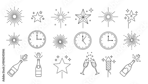 Illustration of various festive icons including stars, clocks striking midnight, champagne bottles, and glasses, symbolizing Happy New Year 2026 and Christmas Day celebrations on a white
