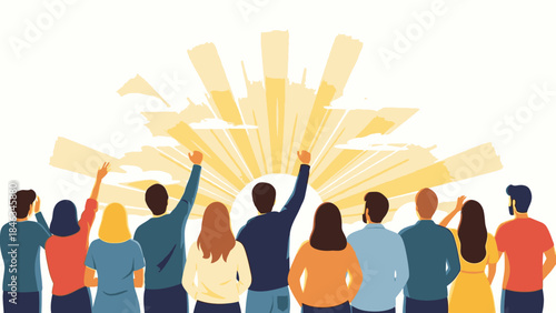 Illustration of a diverse group of people celebrating Happy New Year 2026 with raised arms and papers on Christmas Day against a vibrant yellow background.