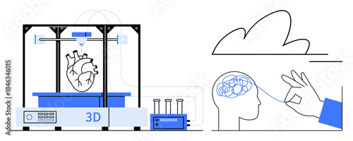 Medical advancement, cognitive science, technology innovation, 3D printing, healthcare design, future concepts. A 3D printer creating a heart hand touching a head with lines and cloud. Medical