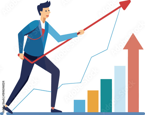 Man pulling red arrow up on graph with rising bars isolated on white background