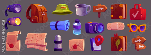 Tourism equipment, travel and hiking icons