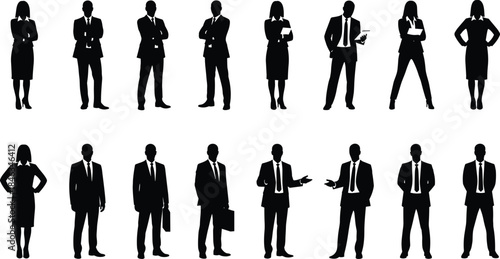 Business people silhouette vector collection, professional men and women in formal office poses, corporate team characters, leadership concept illustration isolated on white background