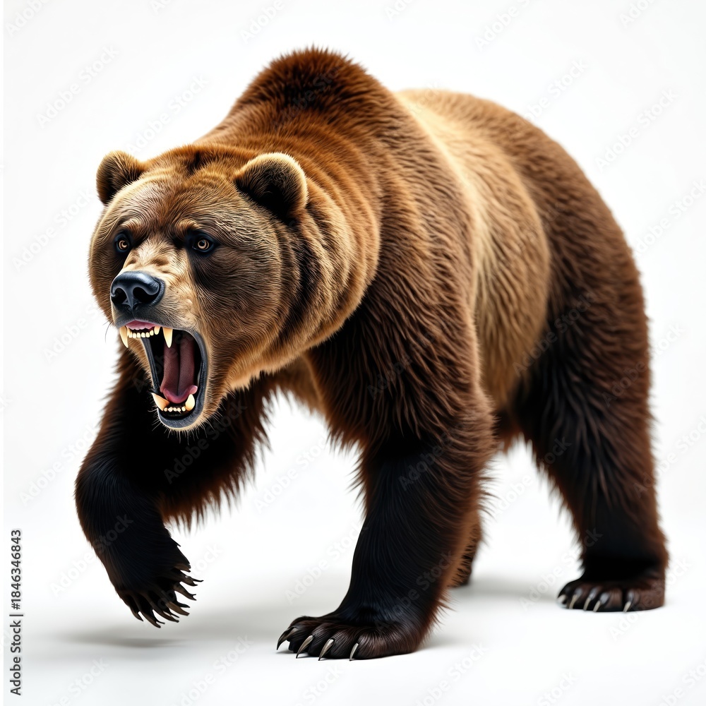 Fototapeta premium Brown bear shows sharp teeth, mouth open wide. Fierce mammal walks forward, displaying large powerful paws and claws on clean white background. Wild animal, carnivore threat.