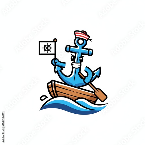 A blue anthropomorphic anchor mascot rows a boat on blue waves