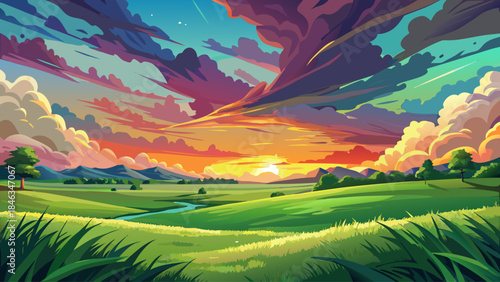 Wide panoramic view of lush green grassland stretching toward the horizon under a vibrant sunset sky filled with colorful clouds, evoking serenity and natural grandeur