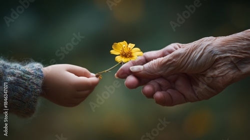 Child's hand reaching for a flower held by an elderly hand in a soft, natural setting