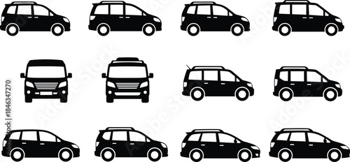 Car silhouette vector icon set, modern compact vehicles from multiple views, black automobile shapes collection, transportation design elements isolated on white background