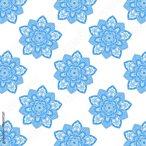 seamless pattern, black and white, monochrome, mandala, floral, lotus flower, repeating background, ornamental, decorative, oriental, Indian, ethnic, tribal, bohemian, boho, wallpaper, textile design,