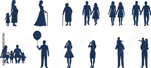 Family and lifestyle silhouette vector set, parents children couples and seniors, blue human figures showing everyday activities, isolated on white background illustration