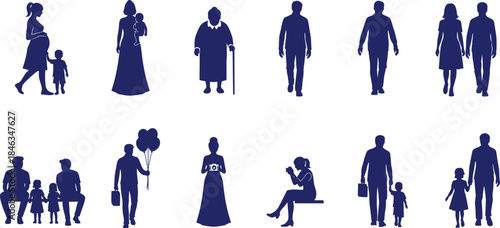 Family people silhouette vector set, parents children couples and seniors in everyday activities, blue human figures collection isolated on white background illustration
