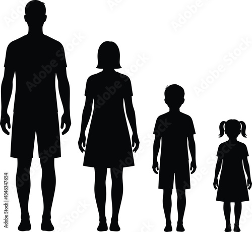 Family silhouette illustration showing father mother son and daughter standing together, parents with children vector, happy family concept isolated on white background