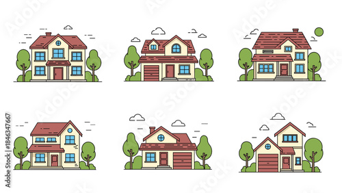 Set of Six Suburban Family House Icons in Line Art Style