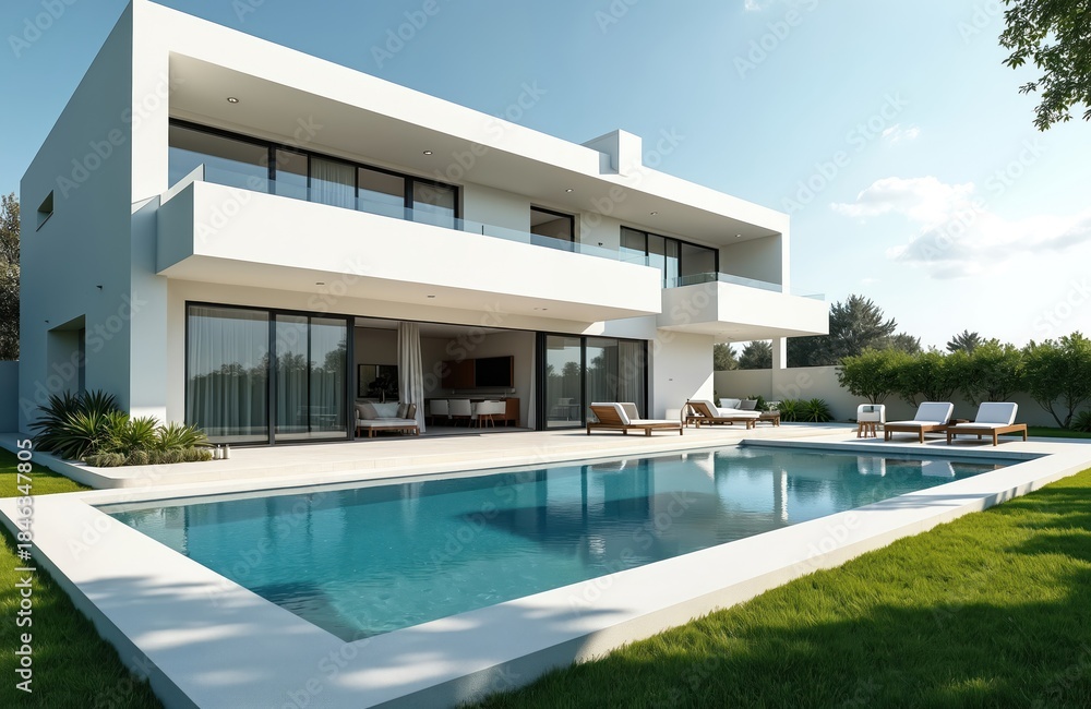 Fototapeta premium Modern white villa features a large swimming pool and lounge chairs. Spacious house with glass doors overlooks green garden and blue sky. Luxury estate offers peaceful relaxation.