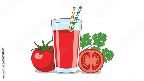 Fresh Tomato Juice with Whole and Halved Tomatoes Vector