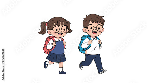 Happy Students Running to School with Backpacks Vector