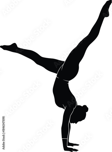 Female gymnast handstand silhouette vector illustration, athletic woman performing split balance pose, yoga fitness and flexibility concept, black human figure isolated on white background